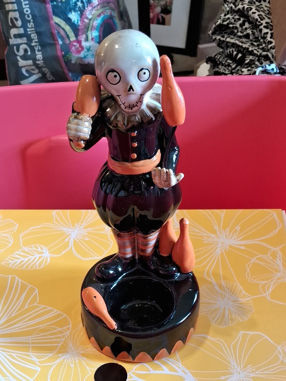 Vintage Halloween Skeleton Clown Tealight Holder - Black & Orange